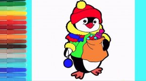 Мультик - раскраска для детей ПИНГВИН. Учимся как рисовать ПИНГВИНА вместе с детьми.