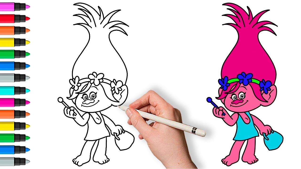 Рисуем Поппи, героиню мультфильма "Тролли". Рисование и раскраска для детей смотреть онлайн