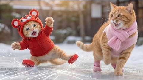 Котенок Джинджер пробует кататься на самодельный коньках и санках