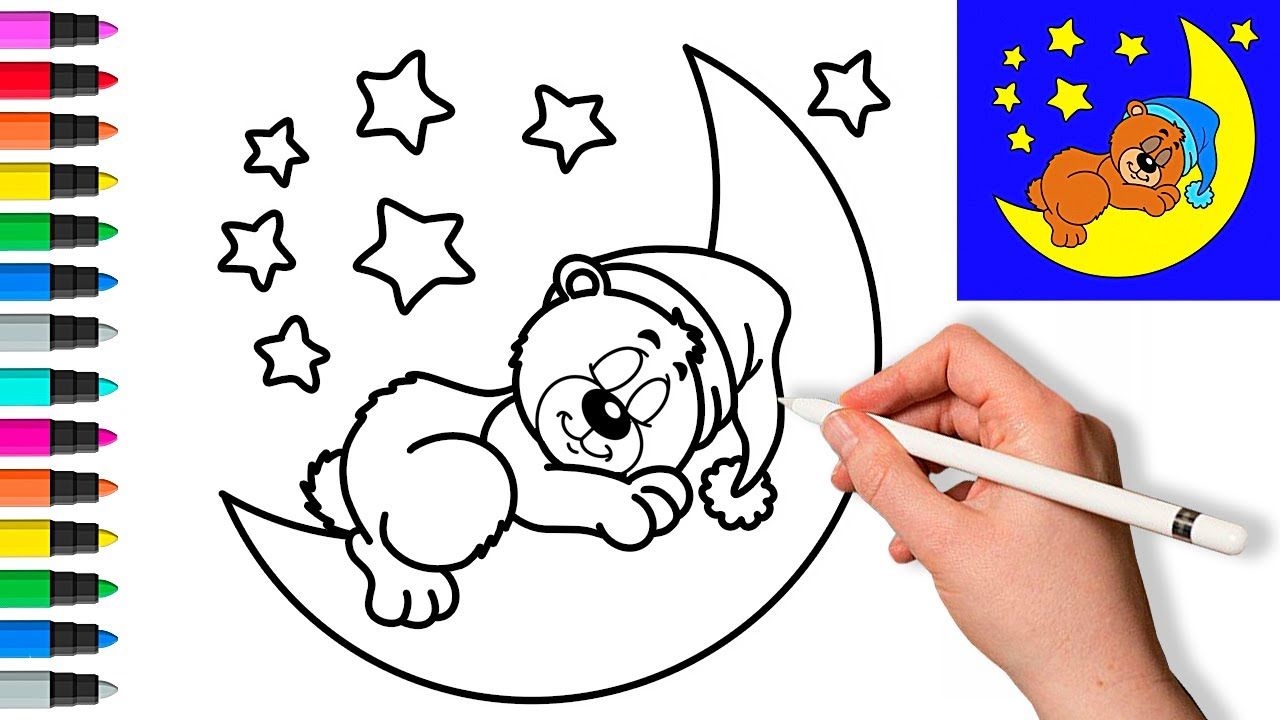 Мишка и Луна Рисунок и раскраска. Детские мультики смотреть онлайн