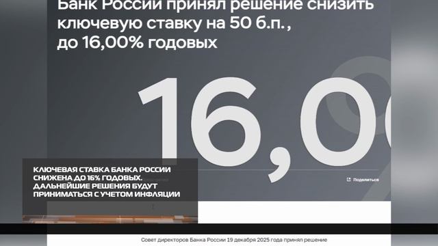 Ключевая ставка Банка России снижена до 16% годовых 22-12-2025 смотреть онлайн