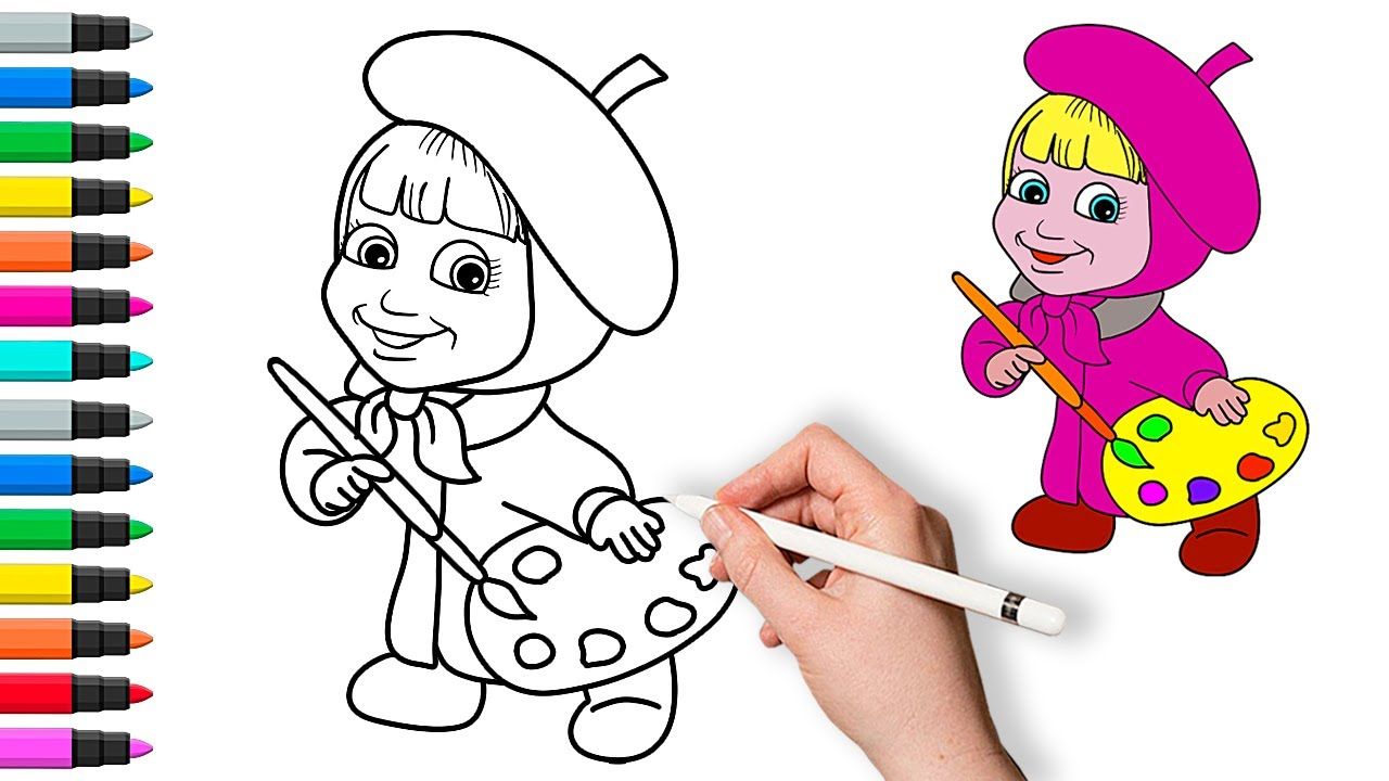 Как нарисовать Машу из мультфильма Маша и Медведь | Рисование и раскраски для детей смотреть онлайн