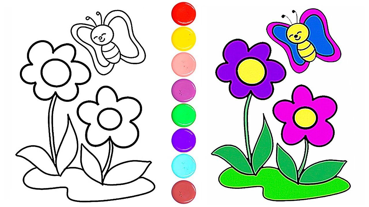Как нарисовать бабочку 🦋 и цветы 🌺 Рисование и раскраска для детей смотреть онлайн