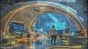 Взгляды на утопическое будущее 2150 года. Кинематографическая музыка сопровождает зрелище.