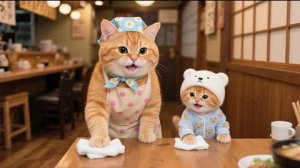 Мама-кошка усердно трудится, рыжий котенок Джинджер приходит на помощь с любовью