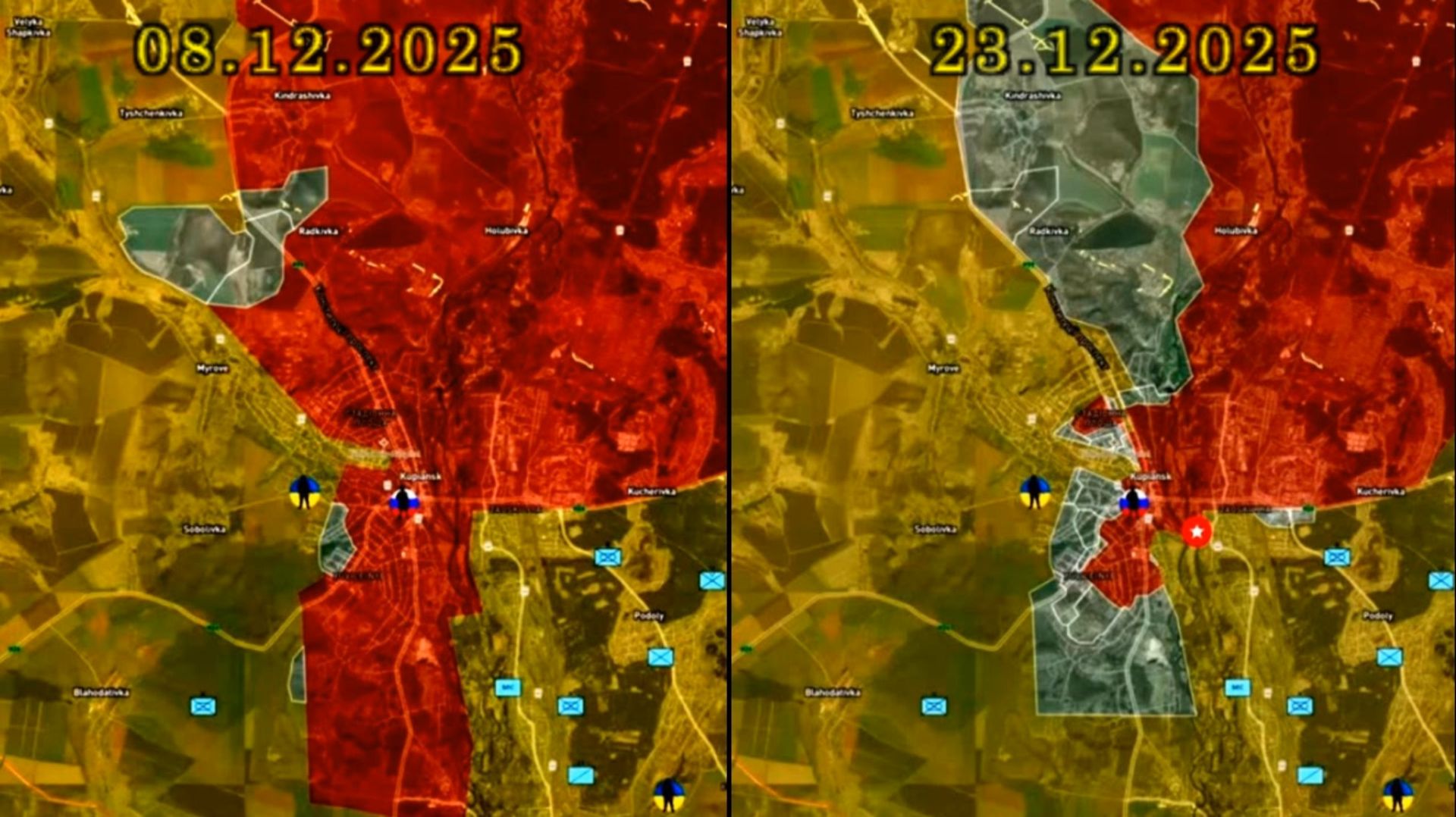 Карта боевых действий в районе города Купянск с 8 по 23 декабря 2025 года смотреть онлайн