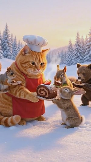 Добрый рыжий кот и рождественский рулет в новогоднем лесу | ИИ 🎄 #котики #мяу #ИИ #новый год