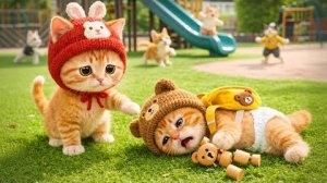 Котенок плачет и дуется в свой первый день в школе. Рыжая сестренка утешает его с любовью