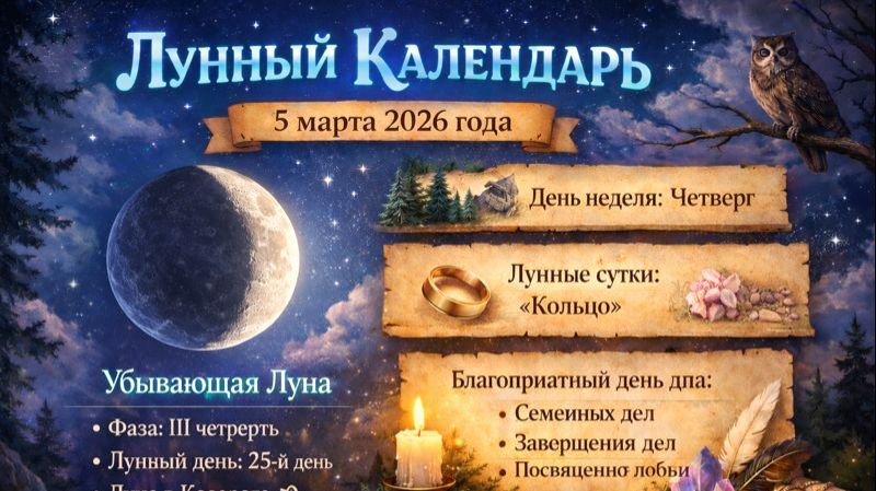 🌙 Лунный календарь на 5 марта: энергия дня, внутренний настрой и подсказки Луны ✨