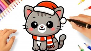 КАК НАРИСОВАТЬ НОВОГОДНЕГО КОТЕНКА ШАГ ЗА ШАГОМ 😻🎅