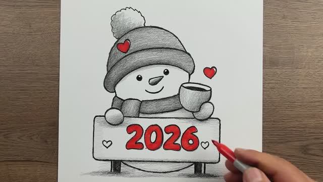 Как нарисовать простой Новогодний рисунок 2026 - пошаговая инструкция по рисованию снеговика смотреть онлайн