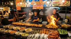 Уличная еда Таиланда. Жареные и обжареные морепродукты. невозможно пройти мимо. Кухня Таиланда