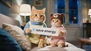 Котенок Джинджер и мама-кошка празднуют день экономии электроэнергии