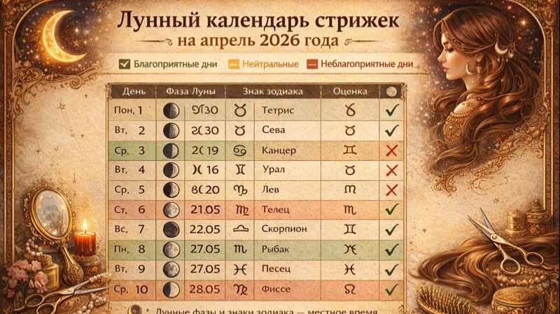🌙 Лунный календарь стрижек на апрель 2026 ✂️ Когда стричь волосы, чтобы росли быстрее