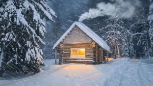 На новый год в тайгу. Вечер в уютной избе. За окном метель, а на столе вкусный ужин.