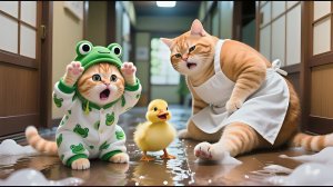 Котенок Джинджер приносит домой утку. Мама-кошка к такому оказалась не готова