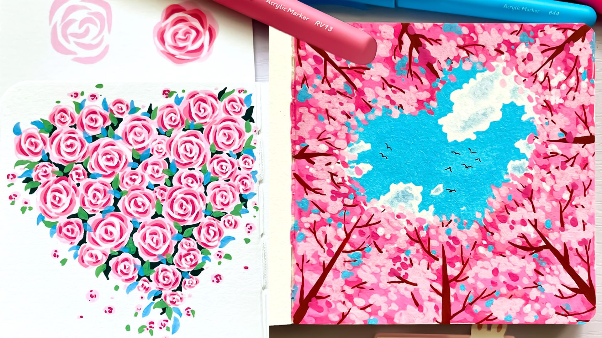 Как нарисовать Розу, ЛЕС в форме сердца. Акриловый маркер. Простые идеи рисования смотреть онлайн