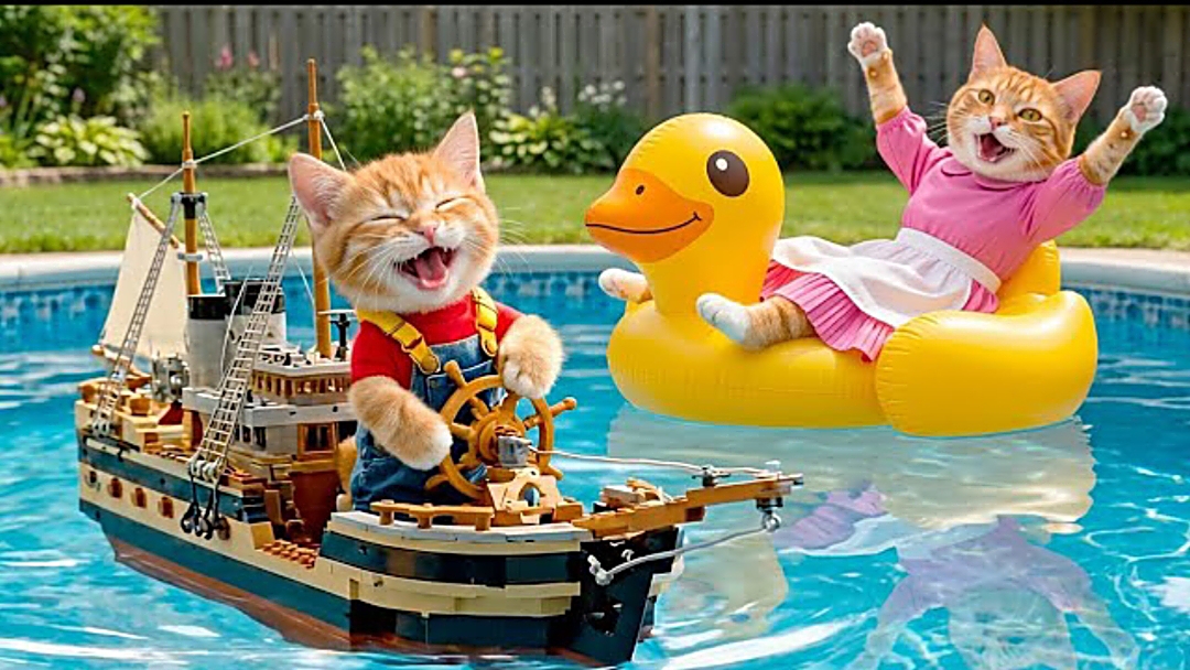 Мультики для детей, котик с мамой построили бассейн и купаются, мульти про котиков/видео про котиков смотреть онлайн