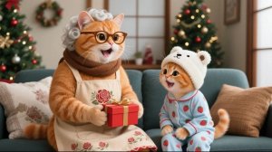 Котенок Джинджер и Мама-кошка приглашают бабушку-кошку в город на рождественский праздник