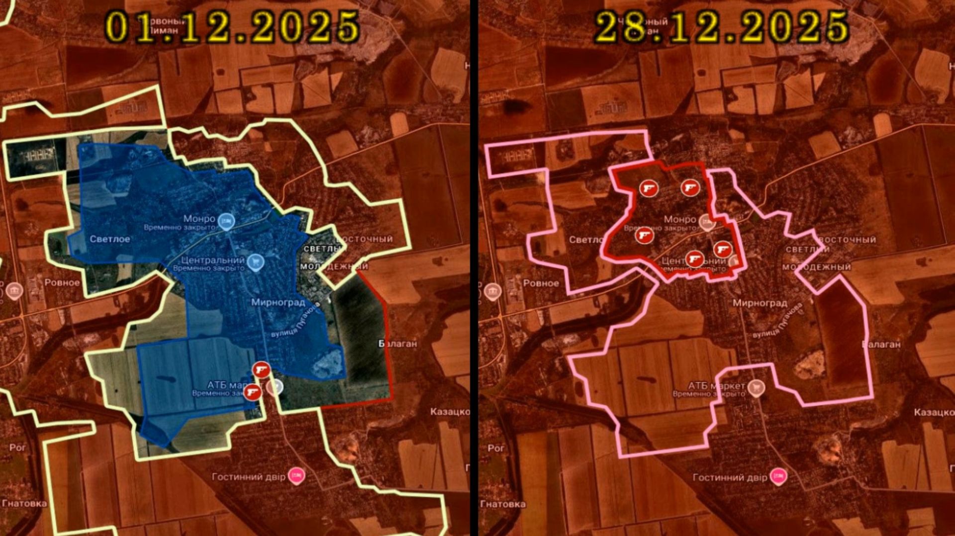Карта боевых действий за Мирноград (Димитров) с 1 по 28 декабря 2025 года смотреть онлайн