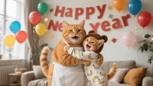 Рыжий котенок устраивает беспорядок, поэтому Мама-кошка заставляет его вместе убирать на Новый год