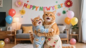 Рыжий котенок Джинджер и мама-кошка убирают в доме, проводя теплую новогоднюю ночь в кругу семьи