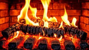 Горящий камин на весь экран Камин 4K Новогодний вечер с искрами и потрескиванием.