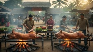 Пожарили 2х поросят на вертеле и продаем на рынке. Жизнь в Азии