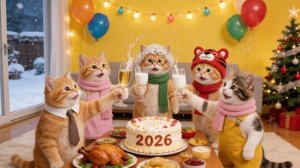 Новогодняя ночь для кошачьей семьи. Новым 2026 годом!