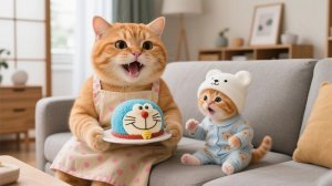 Голодный котенок Джинджер встречает сюрприз в виде торта Дораэмон от Мамы-кошки.Трогательная история