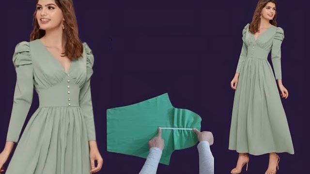 Моделирование выкройки длинного платья с глубоким  вырезом декольте и пышных рукавов