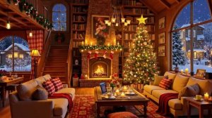 Новогодняя мелодия, камин, треск дров, счастливое рождество