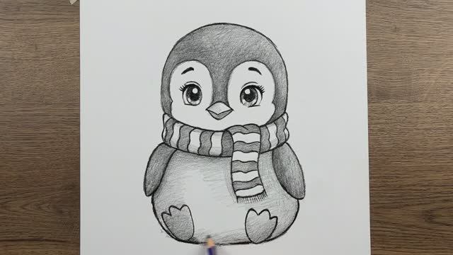 Как нарисовать простой и милый рисунок Пингвина с шарфиком - пошаговая инструкция карандашом смотреть онлайн