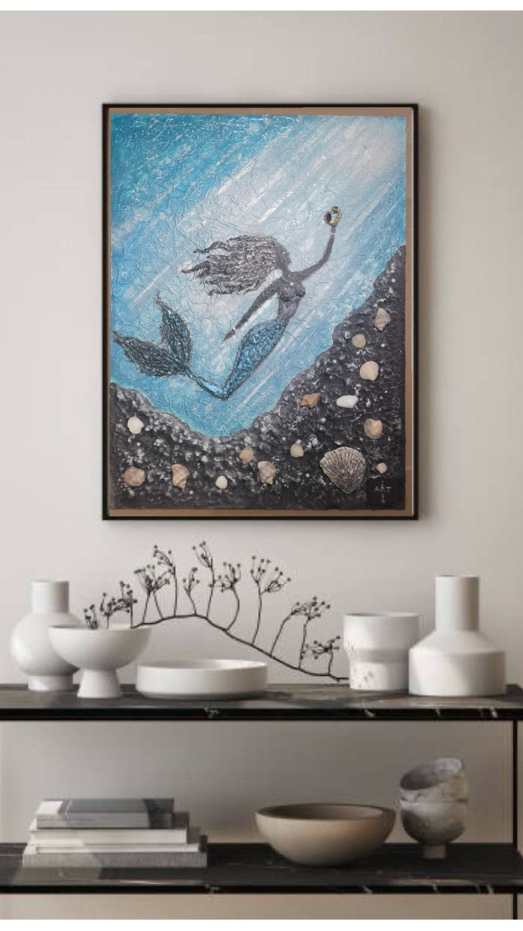 Русалочка 🧜🏻♀️- фактурная картина с ракушками и смолой