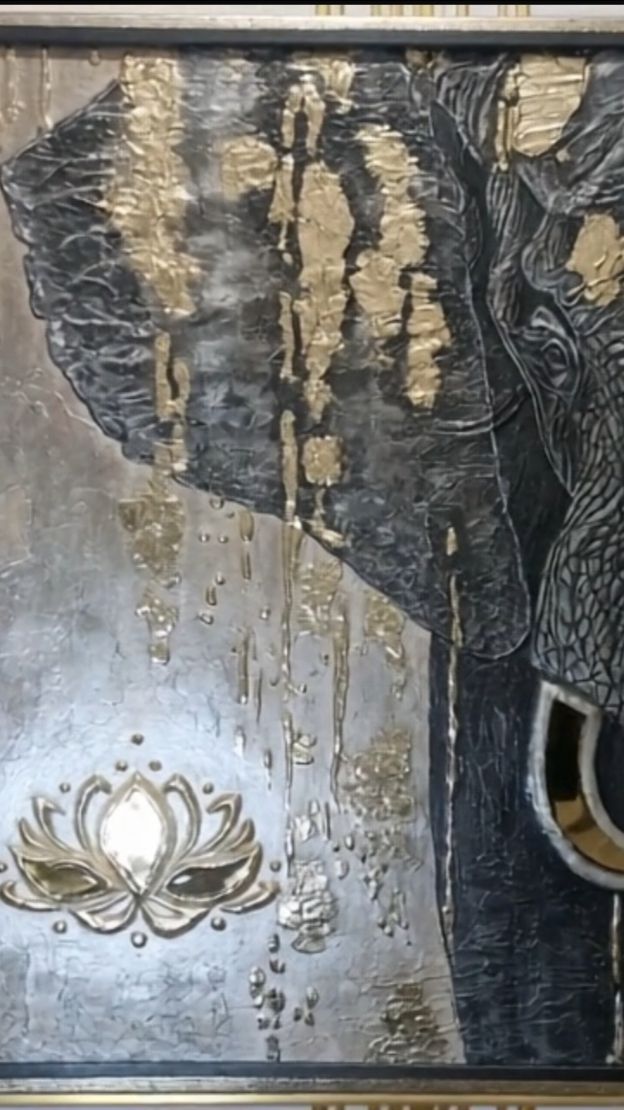 Слон и лотос 🐘- фактурная картина - барельеф с инкрустацией