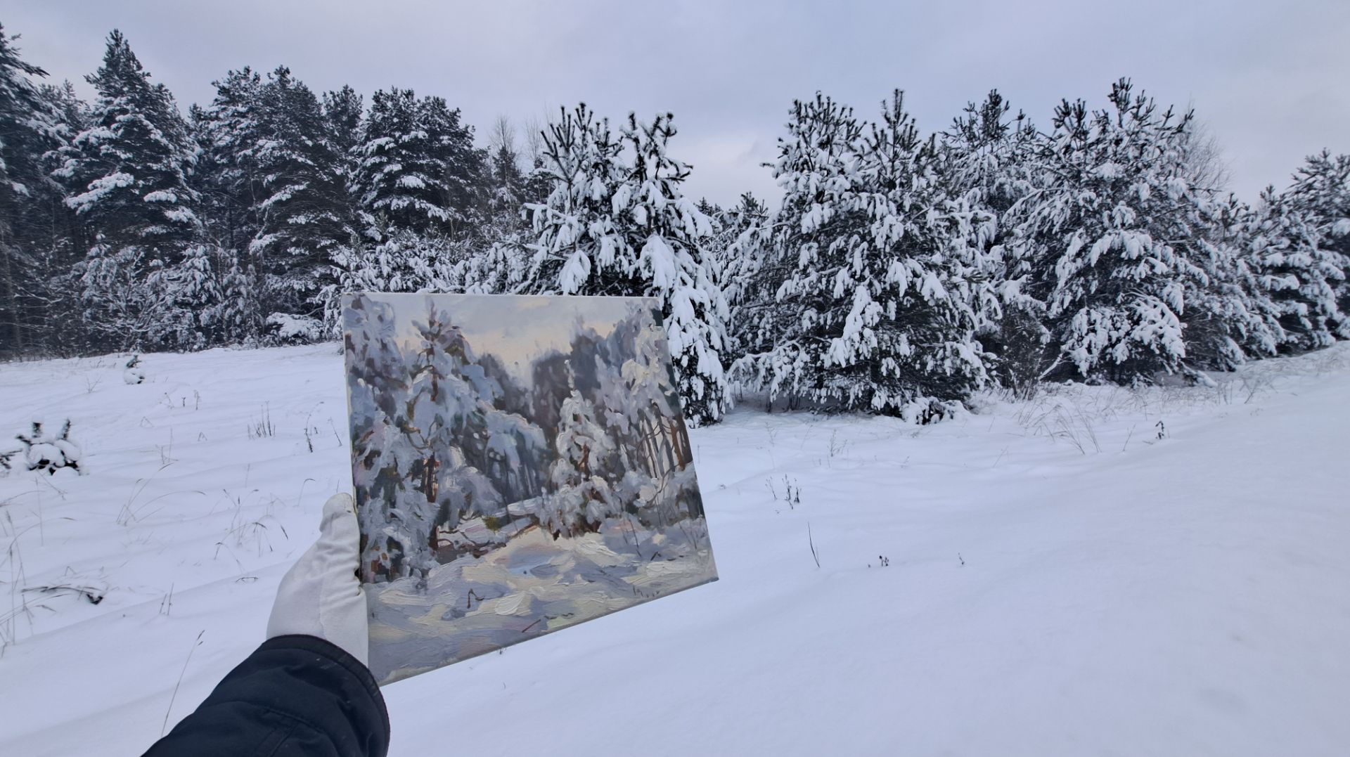 Зимний лес с натуры маслом