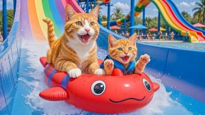 😹Мама кошечка со своим маленьким сыночком мило катаются на в аквапарке🔥