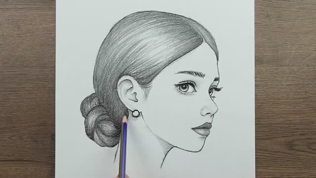 Простой портрет карандашом, как шаг за шагом нарисовать красивую девушку с шишкой в волосах смотреть онлайн