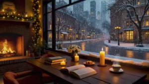 Атмосфера кафе. Музыка. Снежный город с мягкой джазовой музыкой и уютным потрескиванием камина