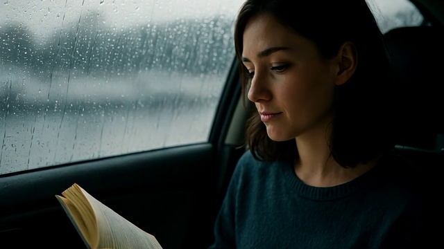 Девушка в машине читает книгу. Пасмурно смотреть онлайн