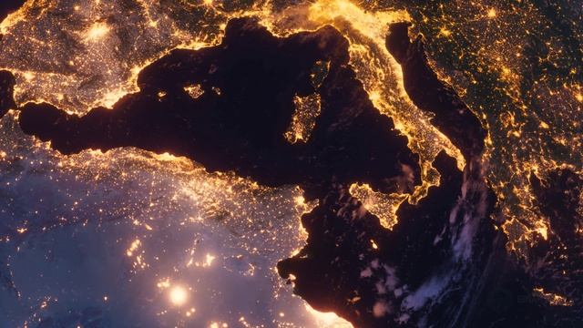 Бесплатное видео футаж, Планета Земля. Центральна Европа Средиземноморье Космос Орбита Ночной Глобус смотреть онлайн