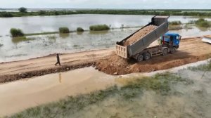 Komatsu Bulldozer Repair The Road On Water With Strong 25T Dump Trucks