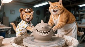 Котенок Джинджер и мама-кошка делают копилку ручной работы для друга в подарок на День Рождения