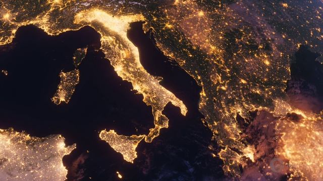 Бесплатное видео футаж, Планета Земля Ночью. Европа - Италия, Вид из Космоса с Ор смотреть онлайн