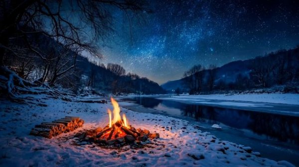 Зимний Костёр под Звёздным Небом. Идеальный Фон для Сна.