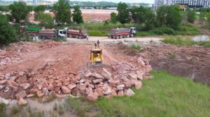 Starting Point Filling Stone Huge Land Use Operator Bulldozer, Dump Truck Moving Stone in Processing