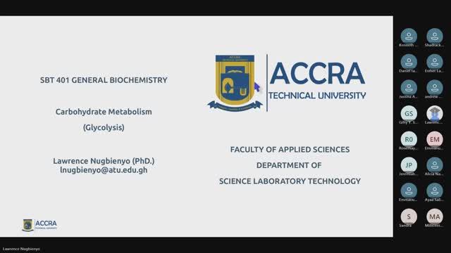 SBT 401 General Biochemistry (Weekend): Carbohydrate Metabolism (Glycolysis)