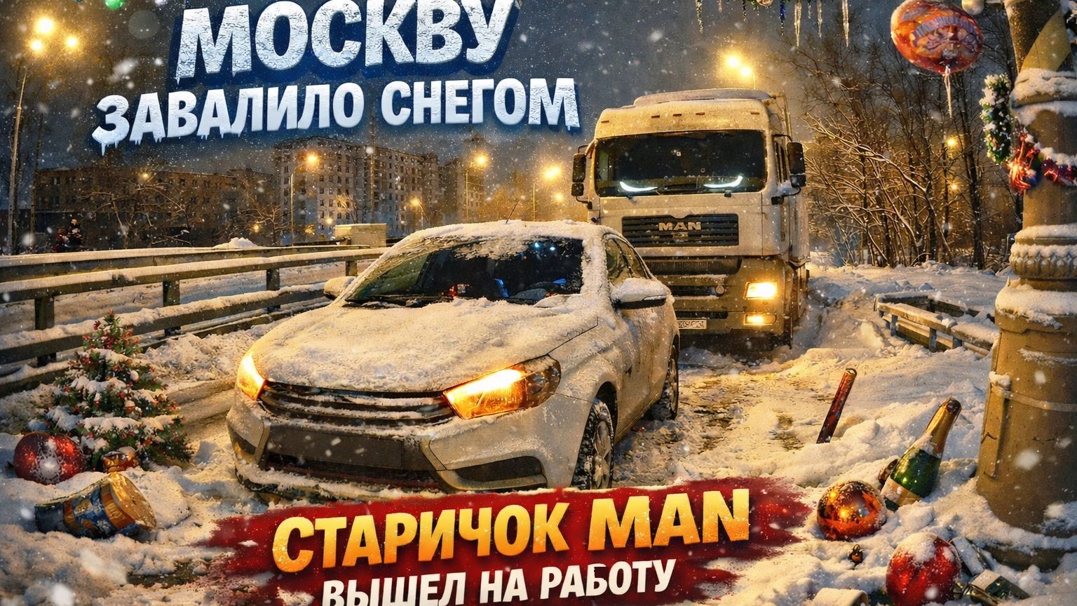 МОСКВУ ЗАВАЛИЛО СНЕГОМ. СТАРИЧОК MAN ВЫШЕЛ НА РАБОТУ. ДАЛЬНОБОЙ МОСКВА MAN TGA смотреть онлайн