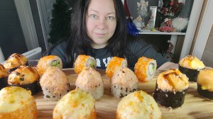 Мукбанг Роллы запеченные, Калифорния, Шиитаке пиканто, Тигровая креветка с моцареллой, Аяши XL