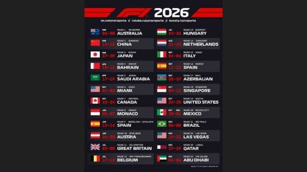 Календарь Формулы 1 в 2026 году! Прямые трансляции для Вас от Вершины Автоспорта